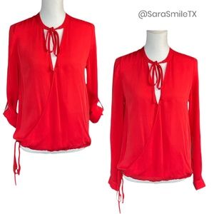 HAUTE HIPPIE Vibrant Red Pure Silk Faux Wrap Convertible Long Sleeve Top